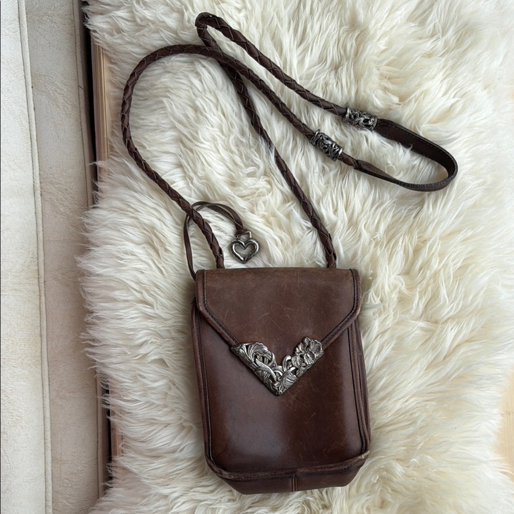 Brighton Vintage Brown Leather Crossbody Bag with Silver Floral Accents